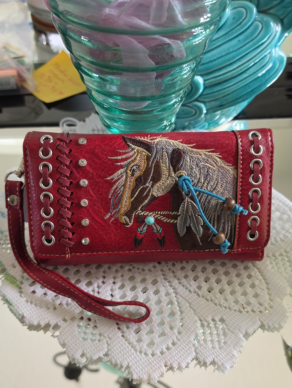 Wrangler Red Embroidered Horse Crossbody Wristlet Or Crosswith Turquoise Accents